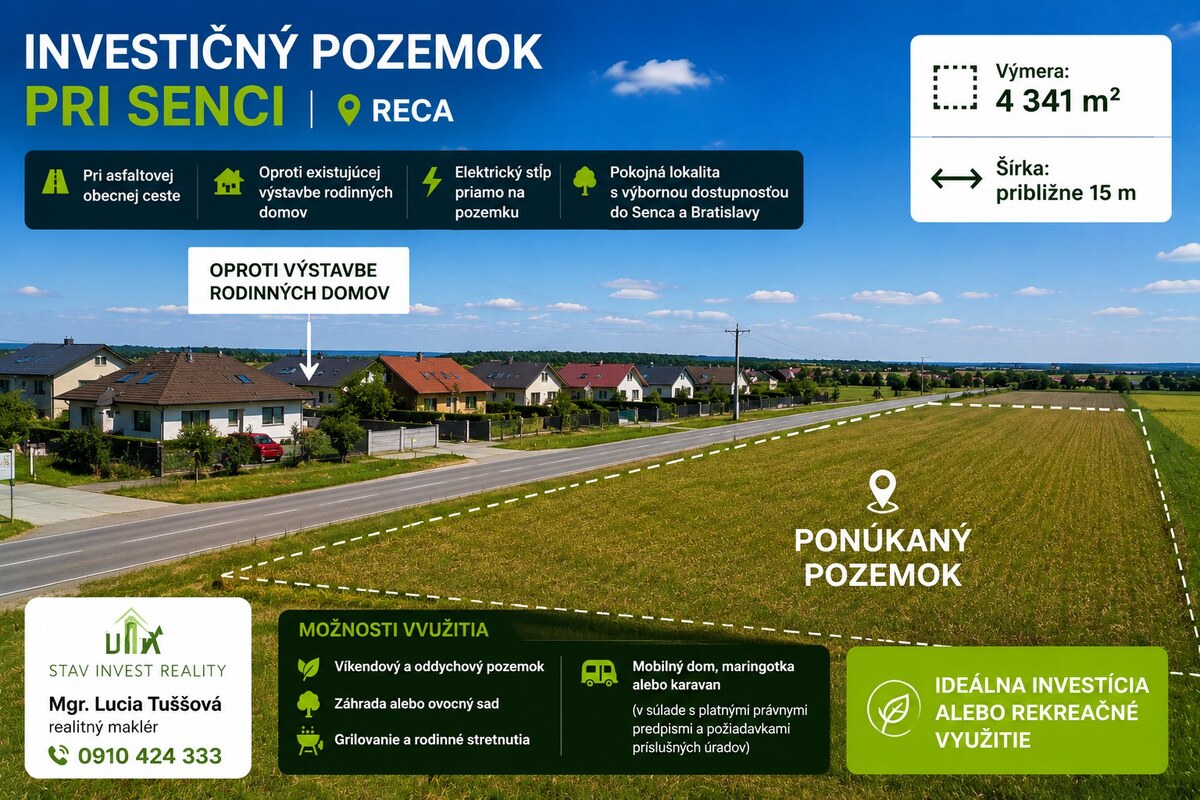 Investičný pozemok pri Senci  4 341 m² ,  Reca, pri asfaltovej ceste