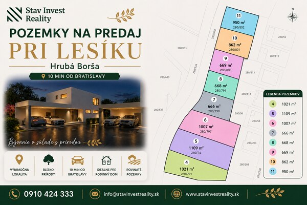 Stavebné pozemky v obci Hrubá Borša, okres Senec
