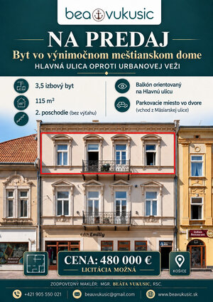NA PREDAJ_výhľad z balkóna na Urbanovu vežu_Košice_115 m2_3,5 izby — foto 1