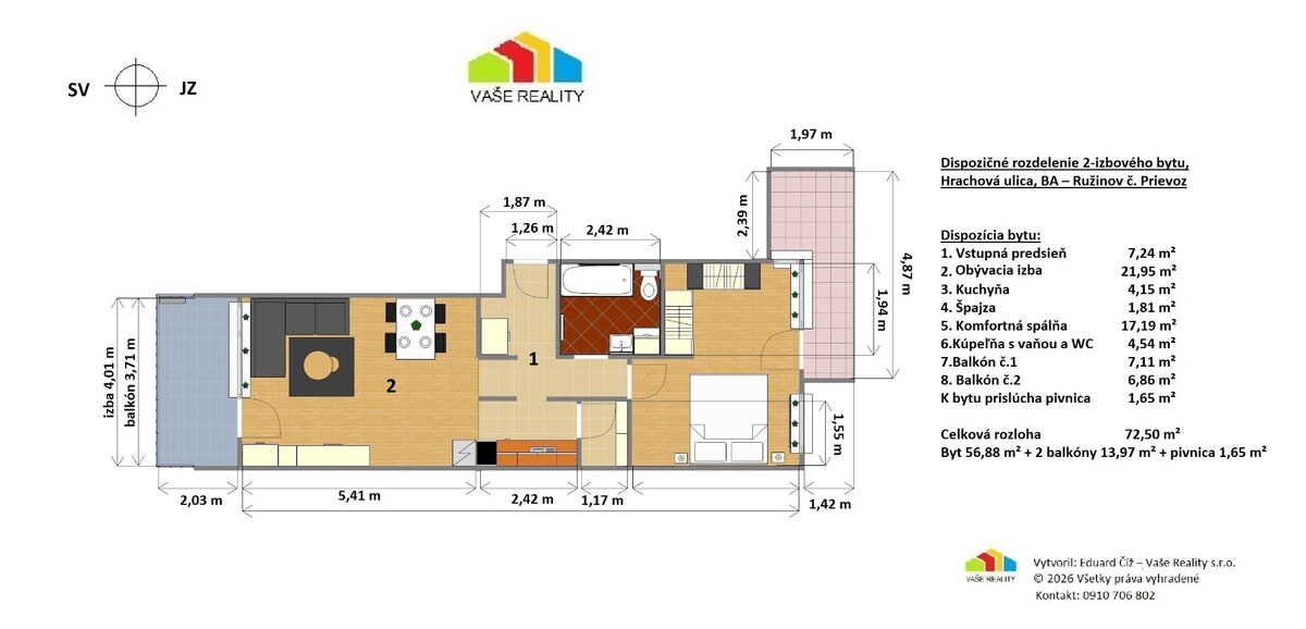 Na prenájom luxusný 2-izbový byt + 2 balkóny, 73 m², garážové státie, — foto 18