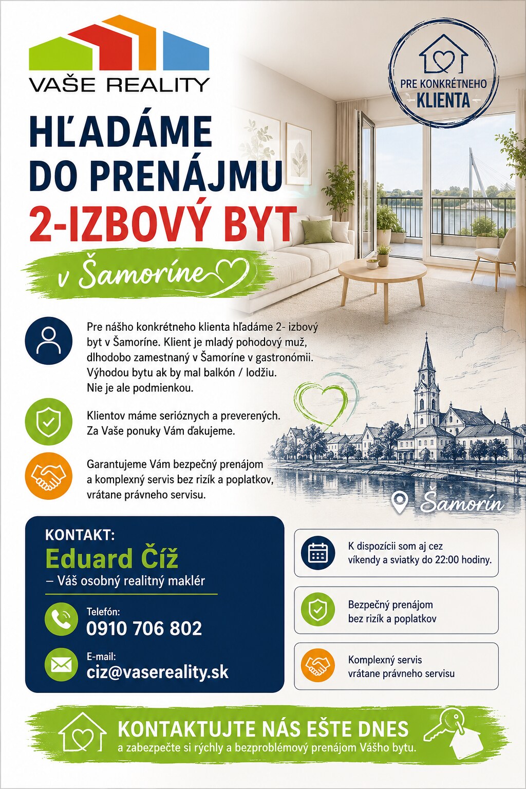 Hľadáme do prenájmu 2-izbový byt v Šamoríne od 1.8.2026
