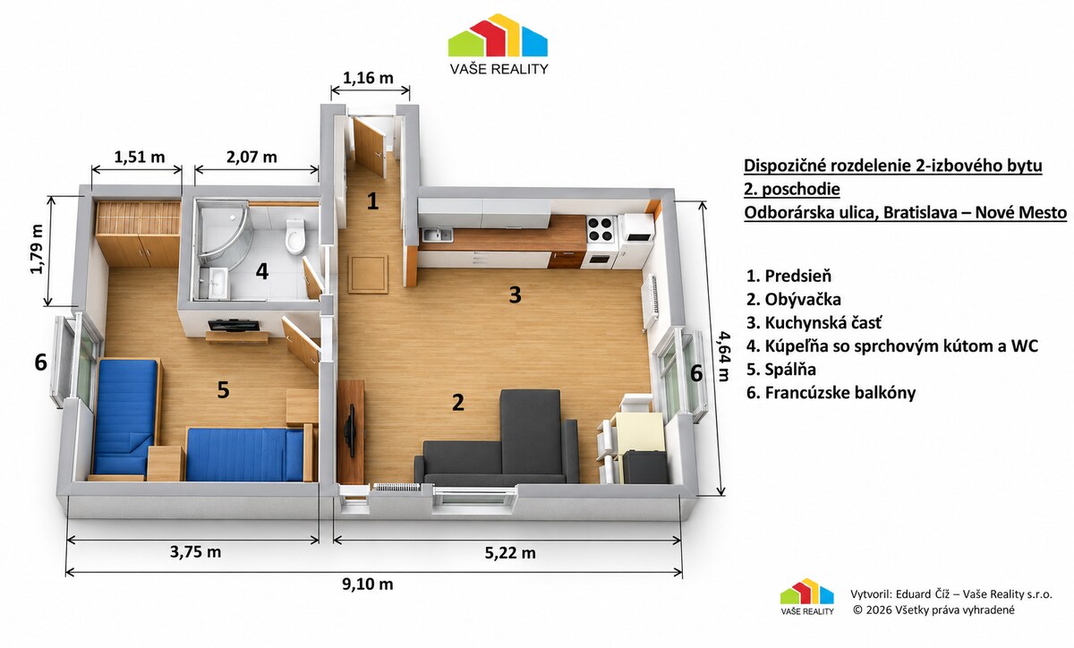 Na prenájom 2-izbový byt, 47 m², klimatizovaný, Odborárska ul., BA III — foto 12